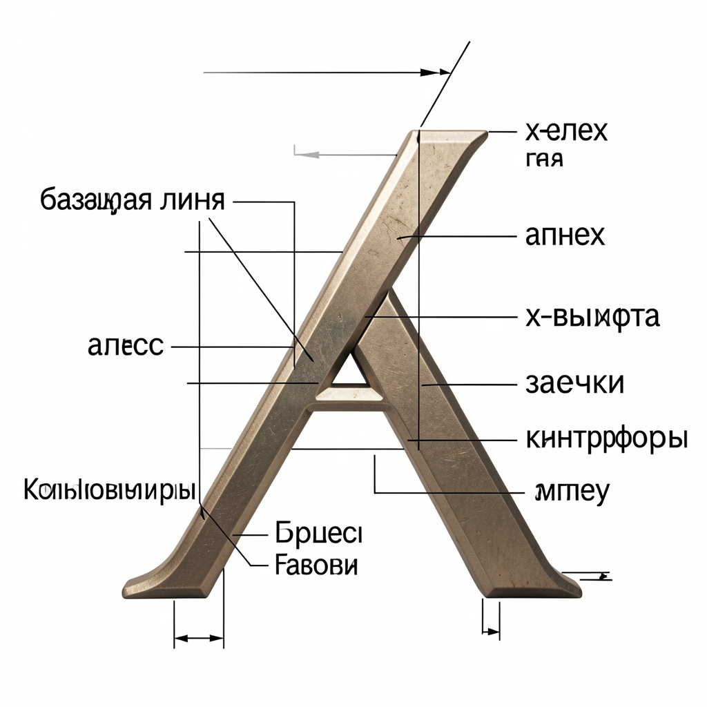 Детальная диаграмма анатомии типографической буквы с подписями всех элементов: базовая линия, x-высота, апекс, засечки, контрформы