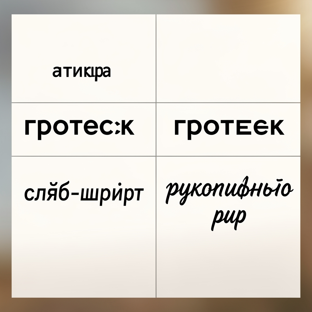 Сравнительная таблица типографских классификаций: антиква с засечками, гротеск, сляб-шрифт, рукописный шрифт